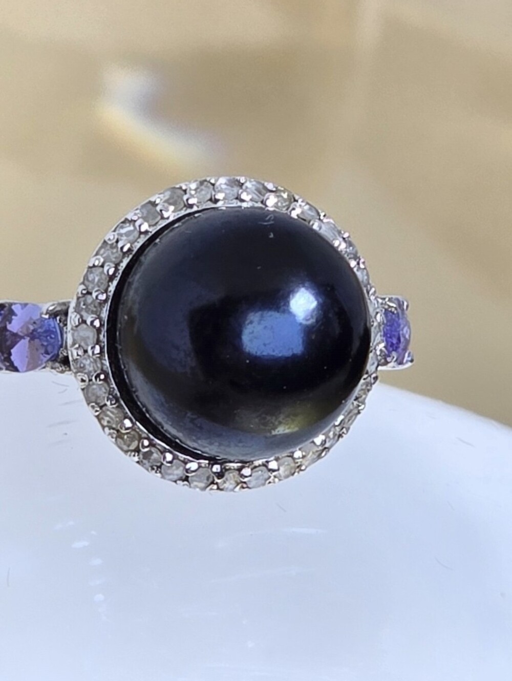 925 Sterling Silver Ring 7.5 with Natural Freshwater Pearl, Diamonds & Tanzanite